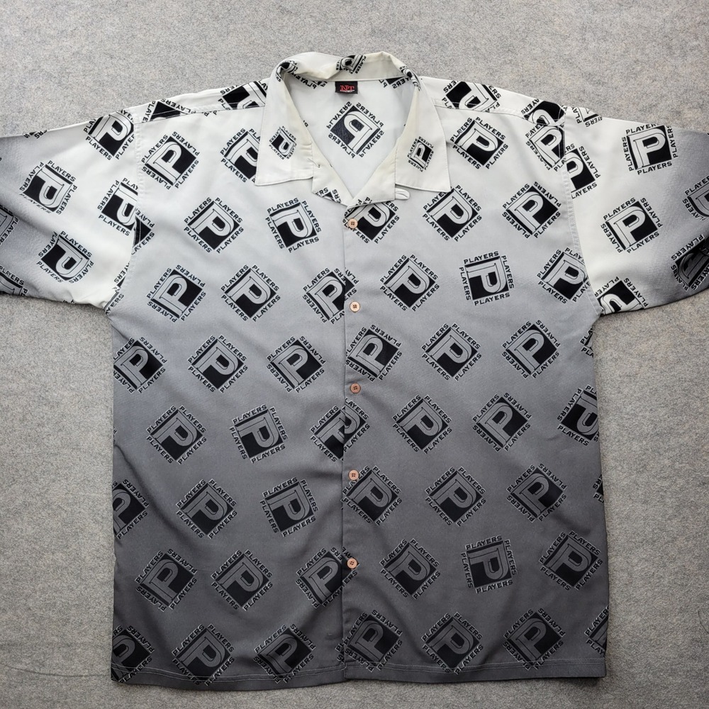 Players Shirt Mens 3XL Grey White Ombre Gradient Button Up Vintage AOP Logo
